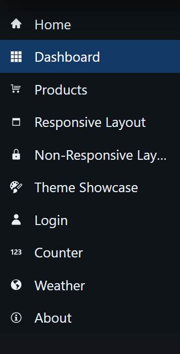 Menu list with icons for home, dashboard, products, responsive layout, etc.