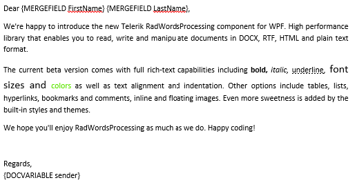 Telerik UI for ASP.NET Core WordsProcessing - Mail Merge