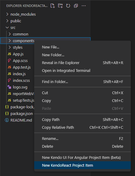 Scaffolders context menu with the New KendoReact Project Item option